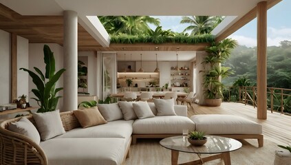 Obraz premium Ultra realistic photo of Modern take on upscale bali inspired small condo white cream stone, light wood round arches interor view of deck with tropical foliage
