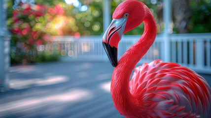 Obraz premium A vibrant pink flamingo standing on a porch in a garden setting.