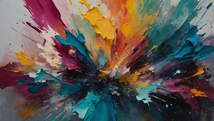An abstract painting with a mix of textured brushstrokes, splatters, and overlapping layers of muted and bright hues, evoking a sense of spontaneity and artistic expression
