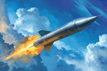 A photo of a missile soaring through the sky with clouds in view. The sleek design is accentuated against the blue background, and a powerful jet flame emanates from the back end. Space travel concept