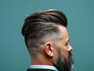 Fototapeta premium Man getting a disconnected undercut with long top hair, [disconnected undercut], [bold men's style]