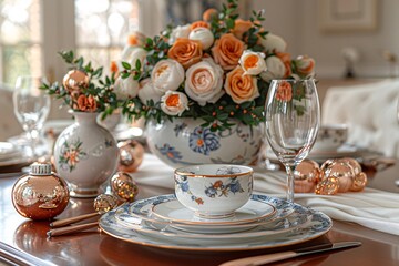Fototapeta premium Elegant dining table set with floral china, glassware, and a centerpiece of orange roses.