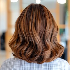 Fototapeta premium Woman receiving balayage highlights for a natural look, [balayage], [subtle hair color]