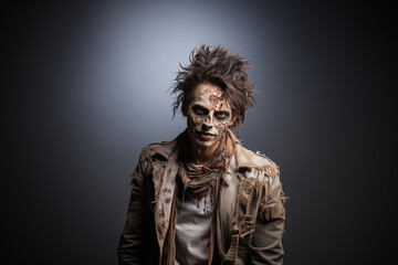 Obraz premium A man dressed as a zombie for Halloween standing in front of an isolated background (1)