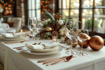Fototapeta premium Elegant dining table elegantly set against a backdrop of twinkling lights and large windows.