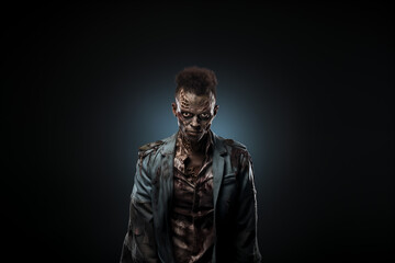 Obraz premium A man dressed as a zombie for Halloween standing in front of an isolated background (1)
