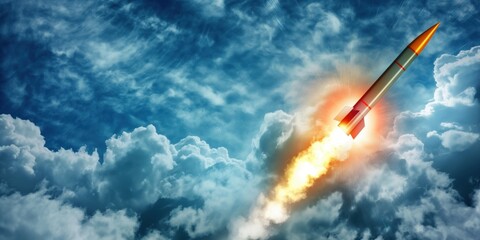 A photo of a missile soaring through the sky with clouds in view. The sleek design is accentuated against the blue background, and a powerful jet flame emanates from the back end. Space travel concept