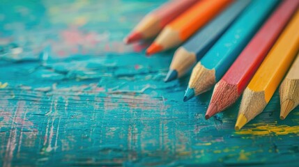 Colorful pencils on a textured turquoise wooden surface, showcasing vibrant shades ready for drawing, art, or educational activities.