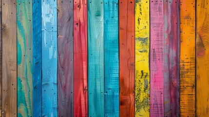 A vibrant wooden background featuring vertical slats of various bright colors, with space for text or elements