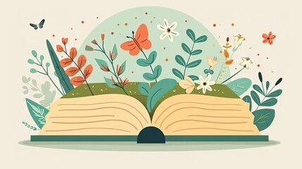 Open book with colorful flowers and butterflies, depicting imagination, nature, and storytelling in a whimsical illustration.