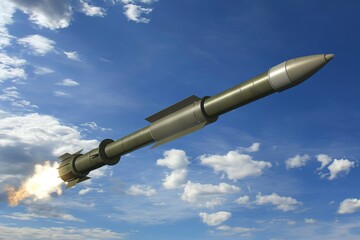 A photo of a missile soaring through the sky with clouds in view. The sleek design is accentuated against the blue background, and a powerful jet flame emanates from the back end. Space travel concept