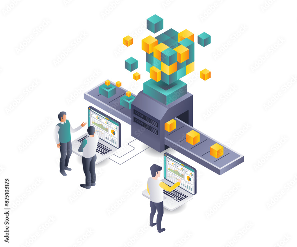 Aufkleber teamwork in blockchain development flat isometric illustration