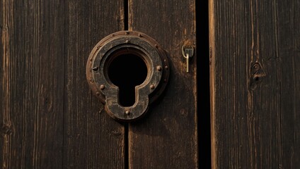 A high resolution graph of a keyhole on an old wooden door, with a view inside showing a fantastical