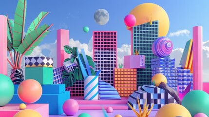Playful and quirky Memphis style art in a neon colored 3D render  AI generated illustration