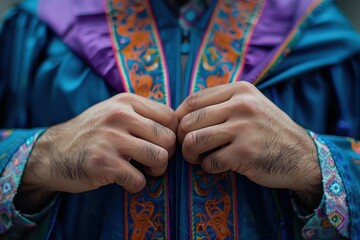 Hands adjusting a traditional robe