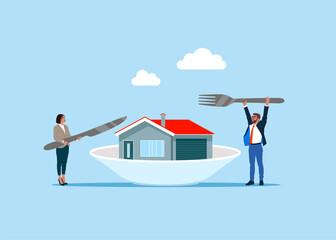 Business people hold knife fork cut eat house. Purchase and pick real estate home. Safe property purchase deal, transaction security. Flat vector illustration