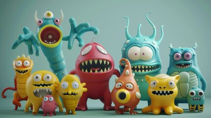 Fototapeta premium Playful monsters in a cartoonish 3D style AI generated illustration