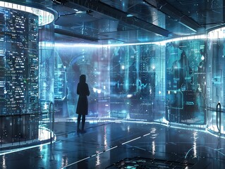 Cybersecurity professionals, holographic data analysis, advanced tech lab, modern design