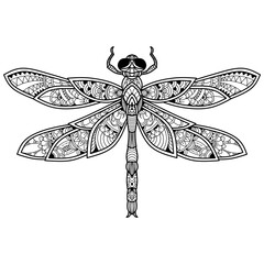 Hand drawn of dragonfly in zentangle style