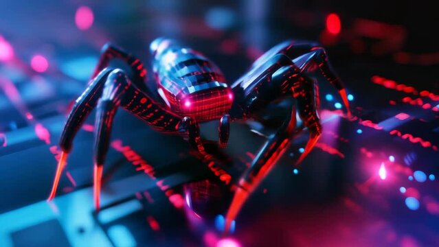 Close-up of a digital spider with binary code patterns on its body and legs