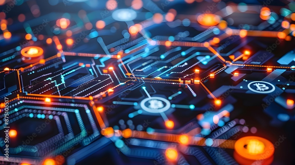 Poster blockchain network visualization with interconnected nodes and digital currency symbols technology c