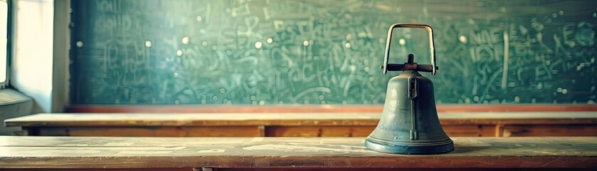 Vintage classroom with a school bell on an old wooden desk, and a chalkboard in the background. Nostalgic educational atmosphere.