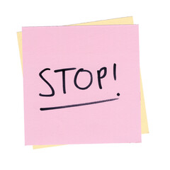 pink sticky note with the word stop on it, transparent background