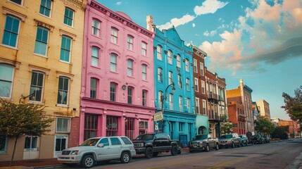 Obraz premium Quirky buildings and landmarks in a Memphis-inspired city AI generated illustration