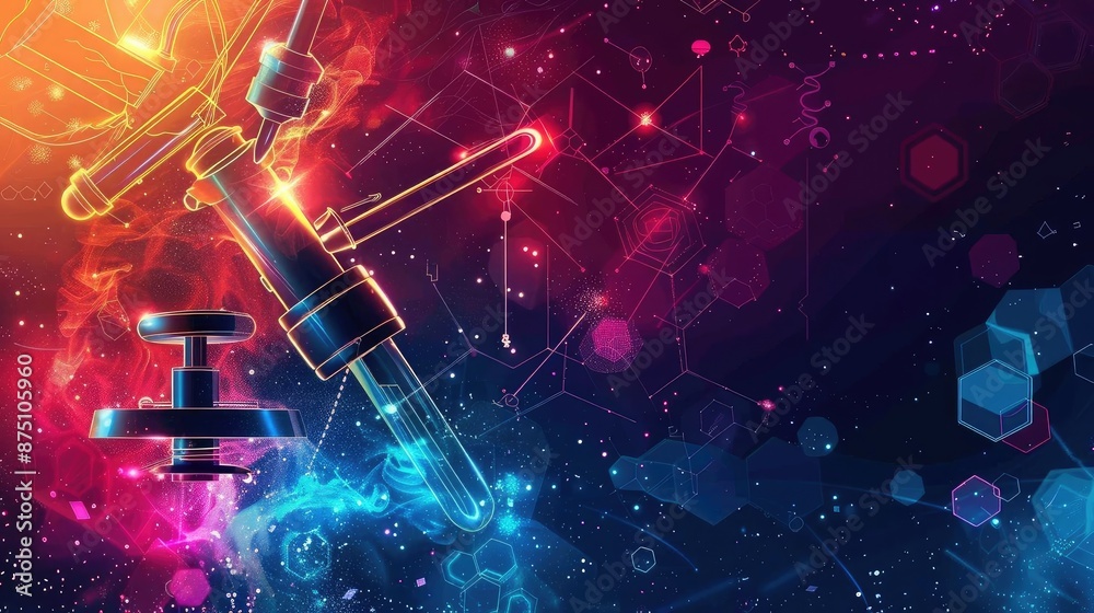 Poster abstract scientific background with vibrant colors, showcasing a microscope and molecular structures