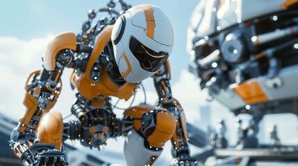 Fototapeta premium Quirky robot mechanic fixing a spaceship AI generated illustration