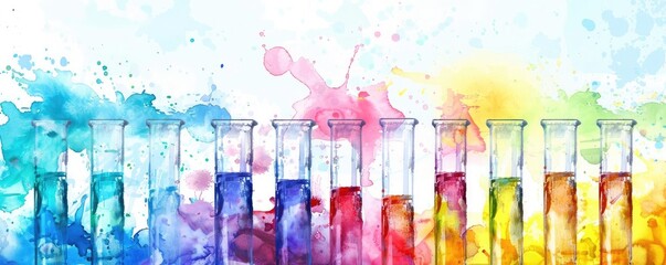 Brightly colored test tubes with splashes of paint, creative representation of chemistry experiment, science, and art integration.