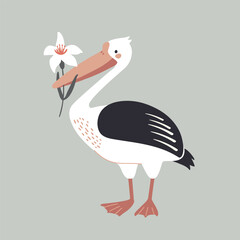 white pelican bird with flower in beak, flat style vector illustration