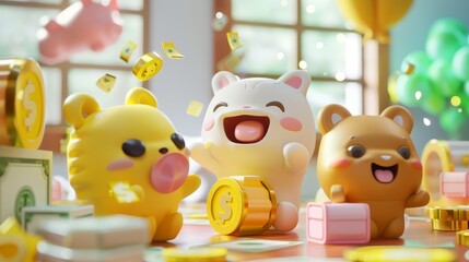 Obraz premium Render a cute 3D scene of cartoon characters engaging in money-making activities AI generated illustration