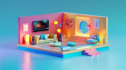 Render a cute and colorful 3D model of a TV show podcast studio  AI generated illustration