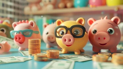 Obraz premium Render a cute 3D scene of cartoon characters engaging in money-making activities AI generated illustration