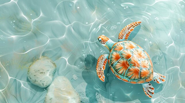 Intricate sea turtle patterns with marble textures and vibrant watercolor details showcasing the beauty of marine life