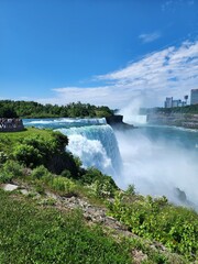 Niagara Falls waterfalls. The American Falls waterfall and Horsehoe Falls. View from Prospect Point in Niagara Falls State Park, Niagara Falls New York.