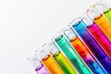 Colorful test tubes filled with various liquids lined up in a row, isolated on a white background. Perfect for chemistry and science visuals.