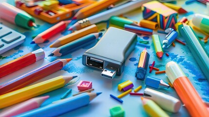 A colorful assortment of office supplies and a USB drive on a desk, featuring pencils, markers, and other stationery items.