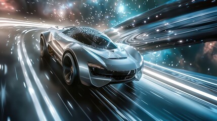 Fototapeta premium Silver SUV, moving fast, strong wind