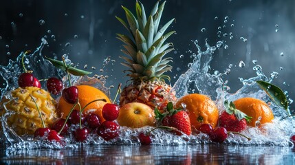 Pineapple, orange, apple, strawberry and cherry in clear water