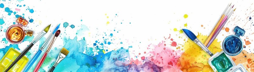 Obraz premium Colorful artistic tools on a white background with vibrant watercolor splashes. Perfect for creative projects and artistic inspiration.