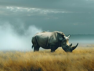 Obraz premium Powerful Rhinoceros Grazing in Grassy Savanna Landscape with Dust Rising