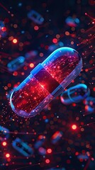 Medical technology The pills are placed on interconnected lines. Technology combined with medicine has led to the development of effective drugs. AI generated illustration