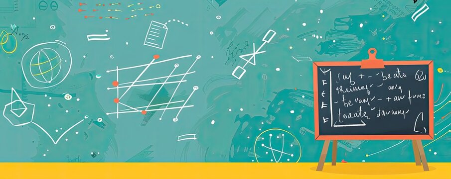 Back to school concept with math equations and geometry formulas on a chalkboard and green background. Educational illustration.