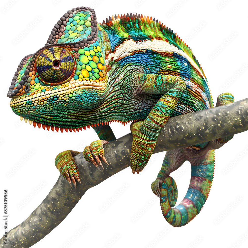 Poster colorful chameleon on branch isolated on transparent background