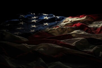 american flag dramatically lit against dark background rich deep colors of red white and blue stand out in chiaroscuro lighting patriotic imagery with moody atmosphere