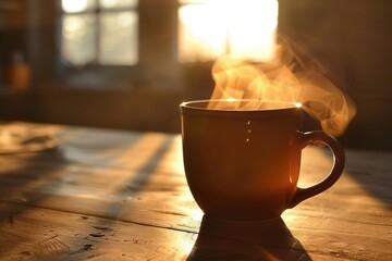 artisanal ceramic mug filled with rich steaming coffee golden morning light streams in highlighting the drinks aromatic wisps and creating a warm inviting scene