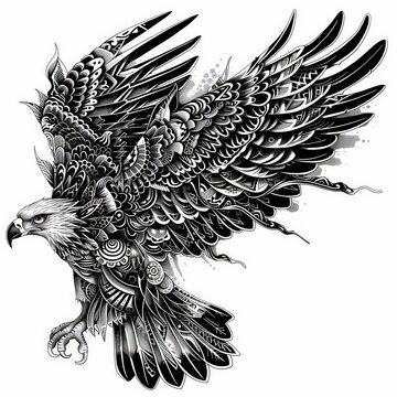 recommend clip art: black and white illustration of falcon with fully tribal style illustration