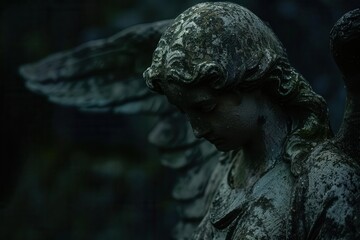 Fototapeta premium cemetery angel statue weathered sorrowful angelic figure in dramatic lighting moody atmosphere with space for text evoking themes of loss and remembrance